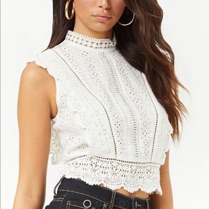 Crochet trim, eyelet, mock neck top